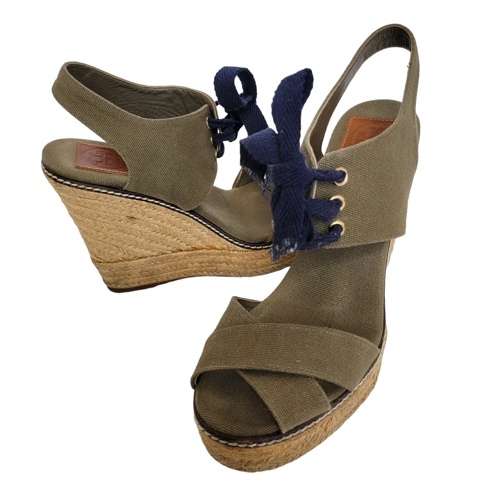 Tory Burch Lace Up Espadrille Wedge Sandals Olive Green Platform Women 9